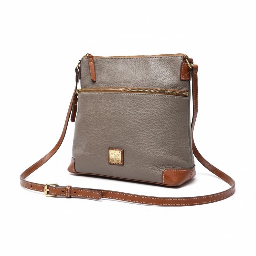 👜 Dooney & Bourke Pebble Leather Crossbody Bag | Taupe & Tan | Classic Zip Style